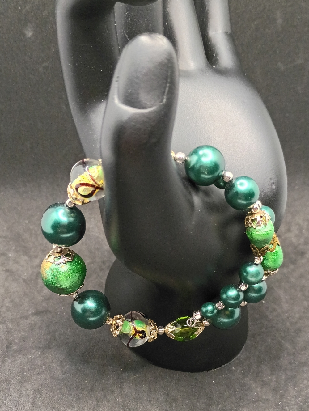 Handcrafted Green Bead Stretch Bracelet with Gold Accents